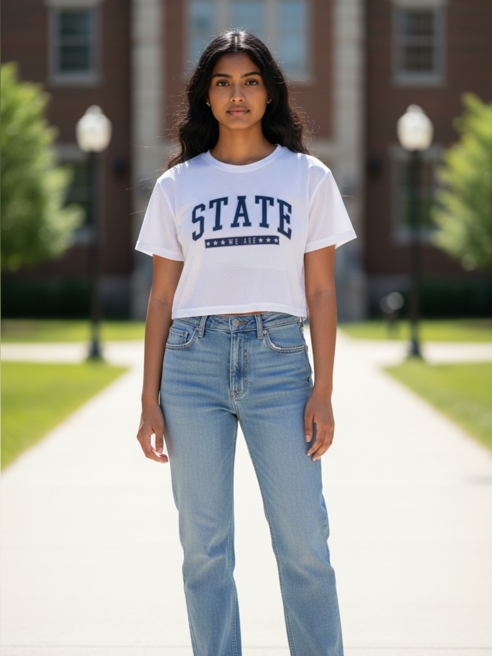 Penn State Mesh Crop Top with Navy Lettering